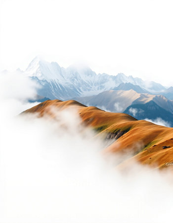 Mountain landscape with snow-capped peaks in the clouds.の写真素材