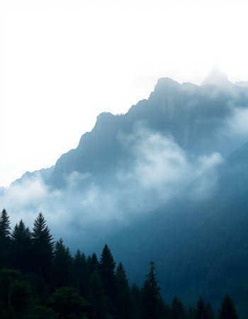 Mountain landscape with fog and coniferous forest on the foreground