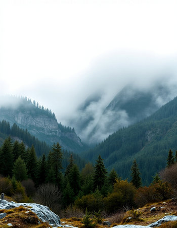 Foggy mountain landscape with coniferous forest in the foreground