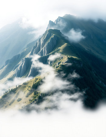 Mountain landscape with fog and clouds. Caucasus, Dombay.