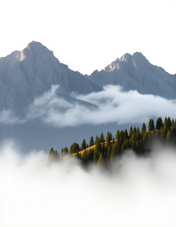 Mountain landscape with clouds and fog in the morning. Caucasus, Russia