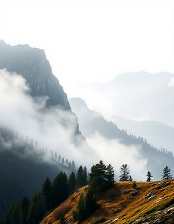 Mountain landscape with fog in the italian alps, Italy