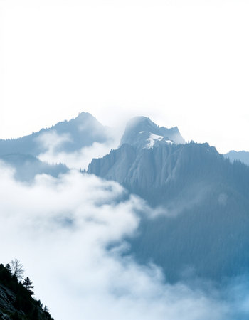 Mountain landscape with fog in the morning. Caucasus Mountains, Georgia.
