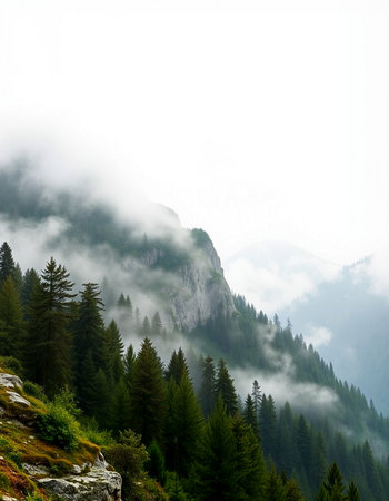 Mountain landscape with fog and coniferous forest on the slopeの写真素材
