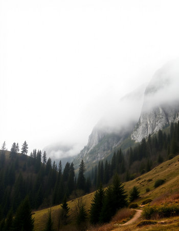 Landscape of Dolomites mountains, Italy. Foggy day