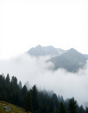 Foggy mountains landscape with coniferous forest in the foreground