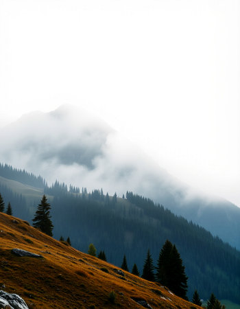 Landscape of mountains in the fog. Carpathians, Ukraine
