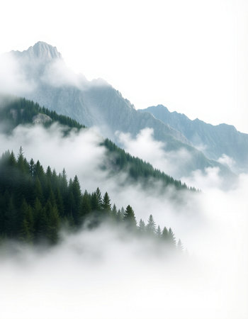 Foggy mountain landscape with coniferous forest in the foreground