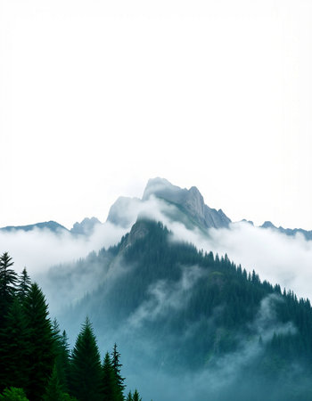 Mountain landscape with coniferous forest and foggy peaks.
