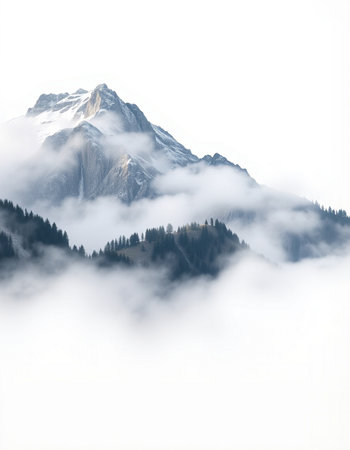 Beautiful alpine landscape with snow capped mountain peaks in the fog