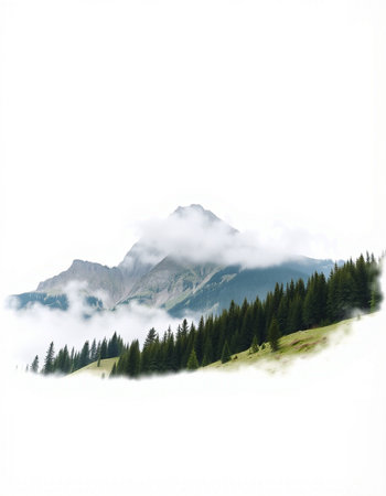 Mountain landscape with clouds and fog on a misty day.