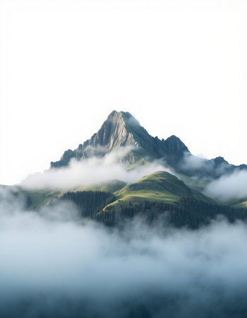 Mountain landscape with clouds and fog in the foreground. Caucasus, Russia