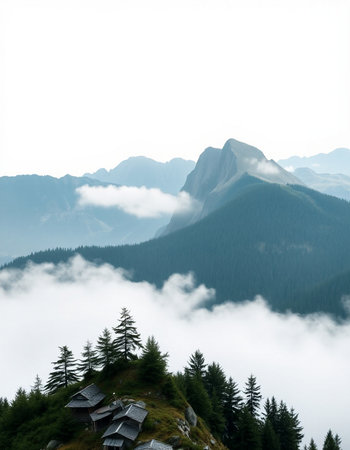 Foggy mountain landscape in Dolomites, Veneto, Italy