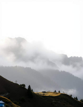 Mountain landscape with fog in the morning, Dolomites, Italy