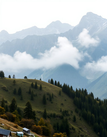 Mountain landscape with fog and clouds. Caucasus mountains, Georgia.