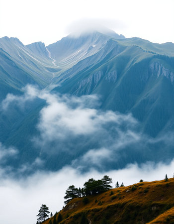 Mountain landscape with fog and clouds. Caucasus Mountains, Georgia.