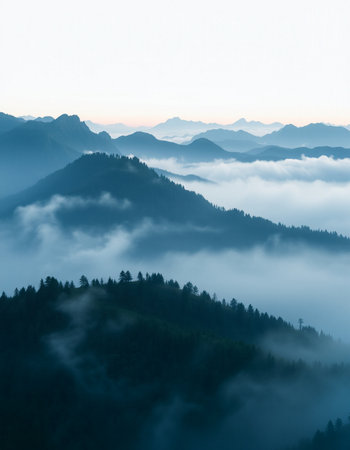 Foggy morning in the mountains. Landscape with fog.の写真素材