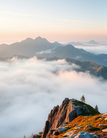 Foggy morning in the mountains. Landscape with a view of the Alps.の写真素材