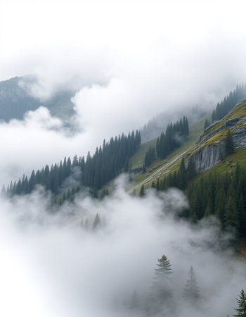 Foggy mountain landscape with pine trees in the foreground, Switzerland
