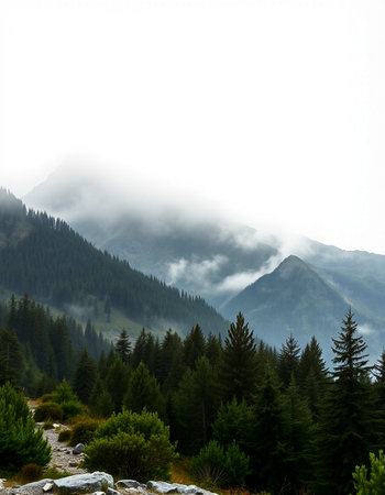 Mountain landscape with coniferous forest on a foggy day