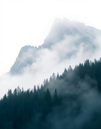 Mountain landscape with coniferous forest and fog in the morningの写真素材