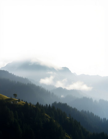 Beautiful mountain landscape with fog and clouds in the morning. Caucasus, Russiaの写真素材