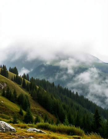 Foggy mountains landscape in the Carpathian Mountains, Ukraine