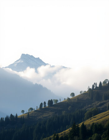 Mountain landscape with fog in the morning. Caucasus, Georgia.