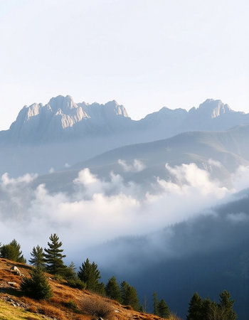Mountain landscape with fog in the italian dolomites