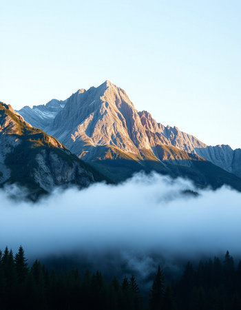 Mountain landscape with fog and clouds.