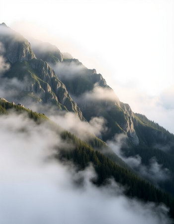 Mountain landscape with clouds and fog. Caucasus, Dombay