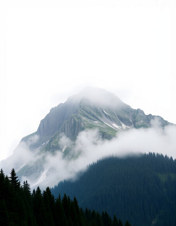 Mountain landscape with coniferous forest and high peaks in the cloudsの写真素材