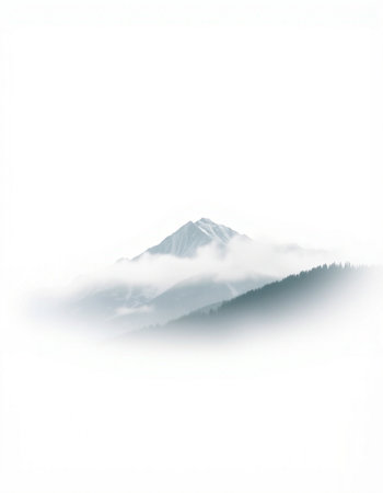 Mountain landscape with fog in the morning on a white background.の写真素材