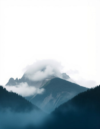 Mountain landscape with fog on the top and clouds on the sky