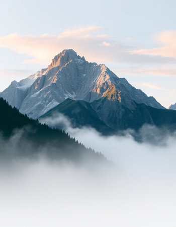 Mountain landscape with clouds and fog at sunrise.
