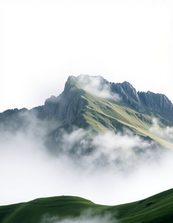 Mountain landscape with clouds and fog. Caucasus Mountains, Georgia.