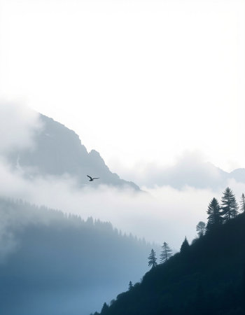 Silhouette of a bird flying in the fog in the mountains