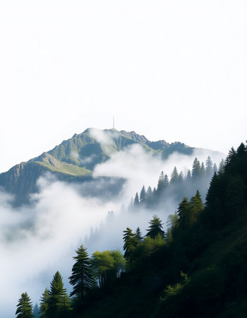 Mountain landscape with fog in the morning. Caucasus Mountains, Georgia.