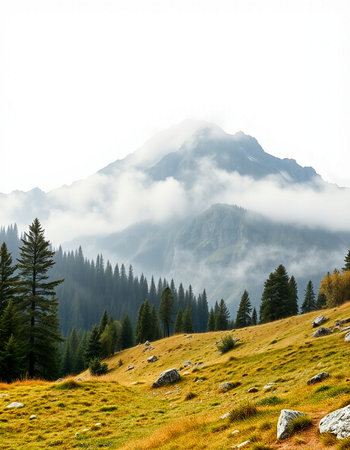 Mountain landscape with high peaks and coniferous forest on slope