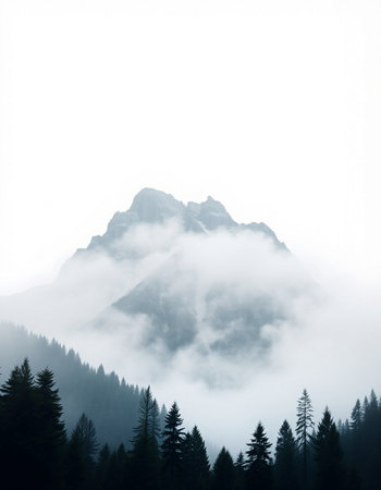 Foggy mountain landscape with coniferous forest on the slopeの写真素材