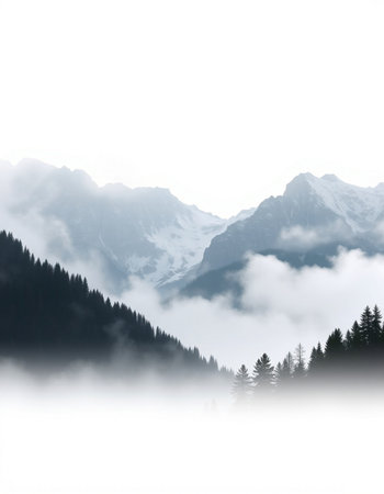 Mountain landscape with fog in the foreground and trees in the backgroundの写真素材