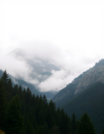 Mountain landscape with coniferous forest on a foggy day