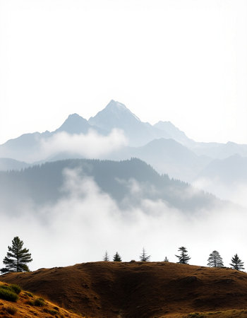 Beautiful mountain landscape with fog and conifer trees in the foreground