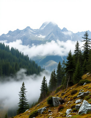 Mountain landscape with fog and coniferous forest in the foreground