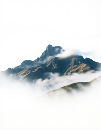 Mountain landscape with fog and clouds.