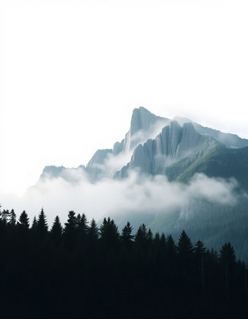 Mountain landscape with fog and coniferous forest in the foreground