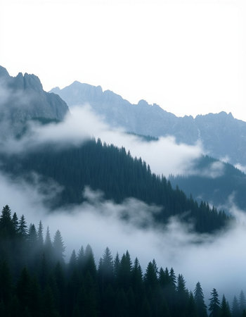 Mountain landscape with coniferous forest and fog in the morning