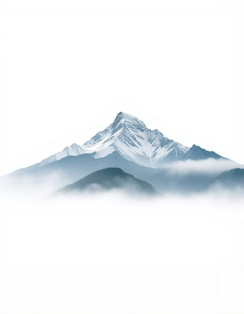 Mountain peak in fog isolated on white background.