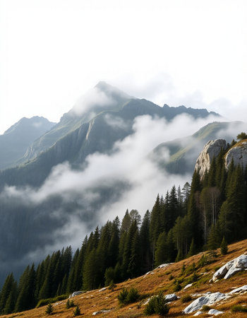 Foggy mountain landscape in the Dolomites, Italy.