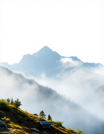 Mountain landscape with fog in the morning. Caucasus Mountains, Georgia.